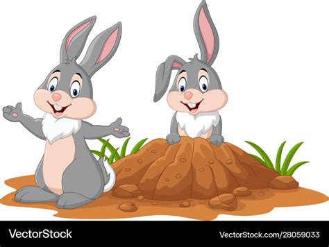 Cartoon two rabbits in hole Royalty Free Vector Image