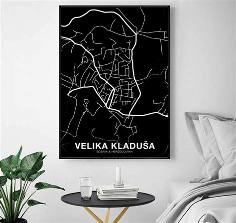 VELIKA KLADUSA Bosnia map poster black white Hometown City | Etsy