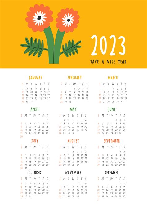 Beautiful Floral Calendar - Have a nice year - 2023. Botanical printable Vector template ...