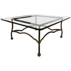 Gilded Wrought Iron Square Coffee Table with Scroll Motif Glass Top For Sale at 1stdibs