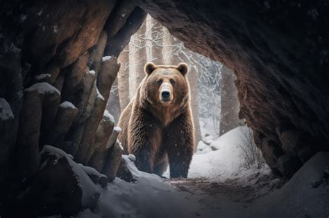 Un gran oso pardo mira dentro de una cueva o su guarida en invierno ia ...