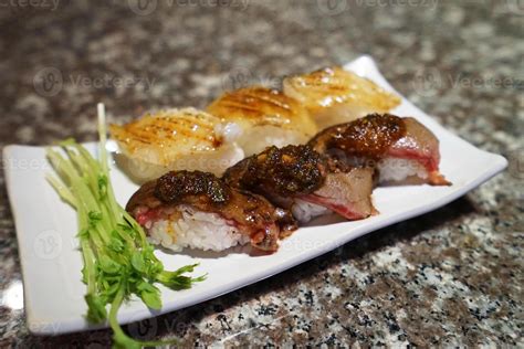 Close up Beef and Engawa, Flounder fin Sushi 45635282 Stock Photo at Vecteezy