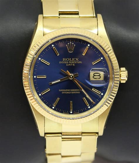 Rolex Oyster Perpetual Date in 14ct Yellow Gold with Blue index Dial 34mm on 14ct Yellow Gold ...