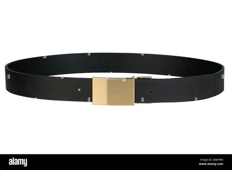 Coiled black fashion belt for men with gold buckle Isolated on a white ...