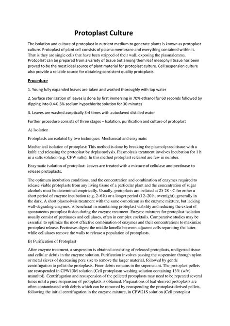 Protoplast culture - Protoplast Culture The isolation and culture of protoplast in nutrient ...