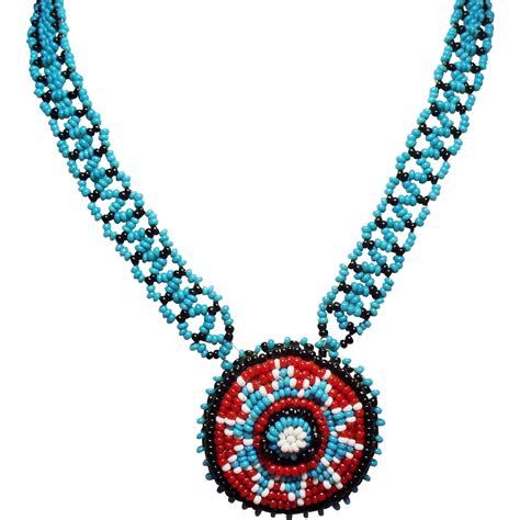 Vintage Native American Turquoise Glass Seed Bead Long Necklace Round from unforgettable on Ruby ...