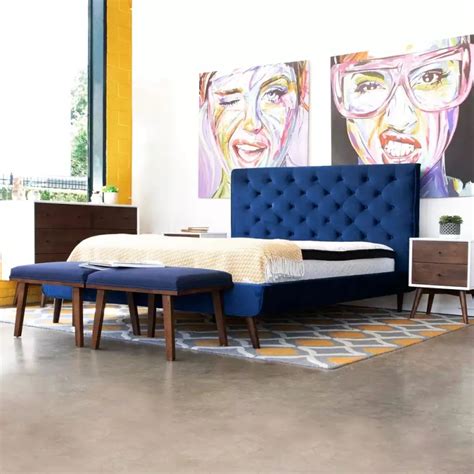 Annalisa Mid-Century Modern Velvet Platform Bed King Size in Blue - VigsHome