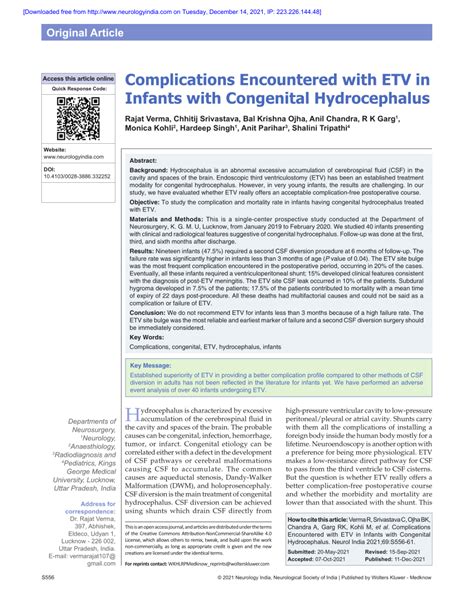 (PDF) Complications Encountered with ETV in Infants with Congenital Hydrocephalus