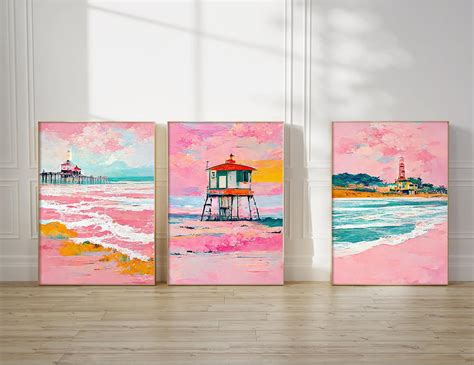 Amazon.com: Beach Boho Wall Art Prints Set of 3 Preppy Coastal Wall Decor Pictures Pink Beach ...