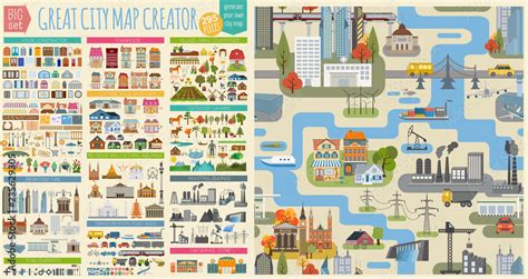 Great city map creator.Seamless pattern map and Houses, infrastructure, industrial, transport ...