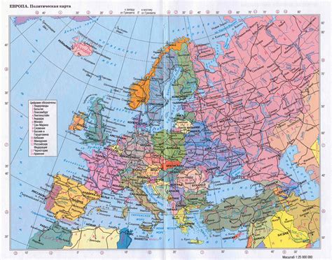 Large detailed political map of Europe with roads and major cities in russian | Europe ...