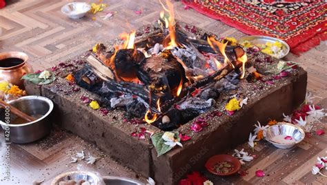 Havan kund Hindu Pooja Havan Ceremony Ingredients. traditional Hindu fireplace setup for ...