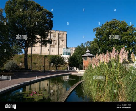 Norwich Castle Gardens, with The Castle viewed over water feature ...