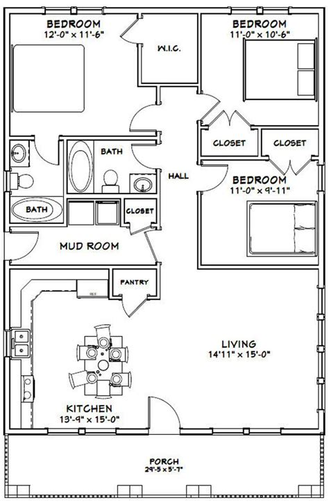 30x40 House 3-bedroom 2-bath 1,200 Sq Ft PDF Floor Plan Instant ...