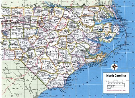 Map of North Carolina showing county with cities,road highways,counties