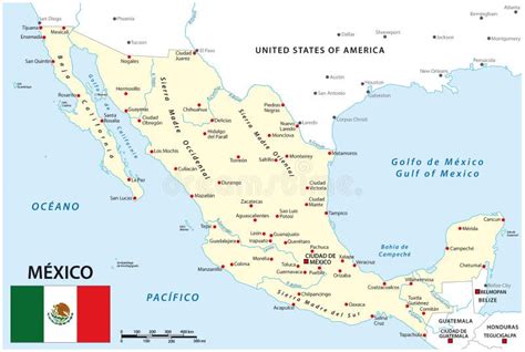 Map of Mexico with National Borders, Main Cities and Rivers Stock ...