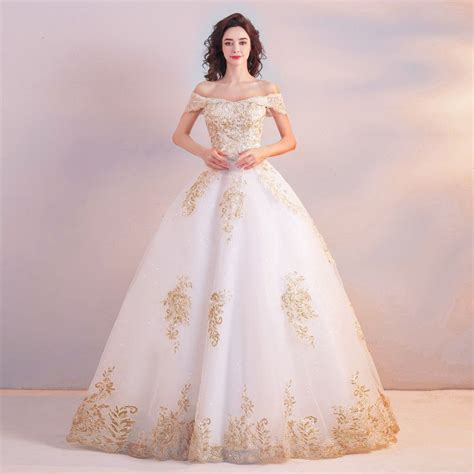 White And Gold Wedding Dress Princess Lace Bridal Dress | Lace princess wedding dresses, Ball ...