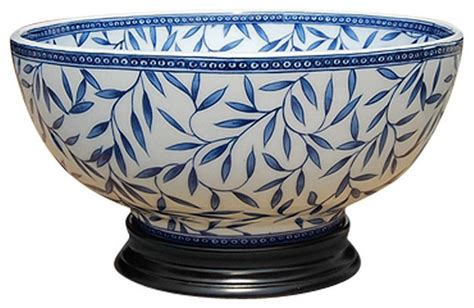 Blue and White Porcelain Bamboo Leaf Motif Bowl With Base 14" - Asian ...