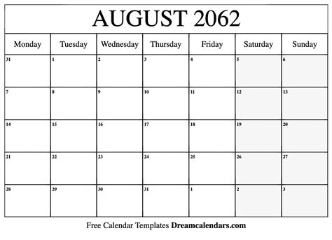 August 2062 Calendar - Free Printable with Holidays and Observances