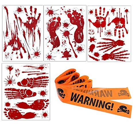 46 Pieces Halloween Bloody Footprints Handprint with Warning Tape Window Wall Decals Stickers ...