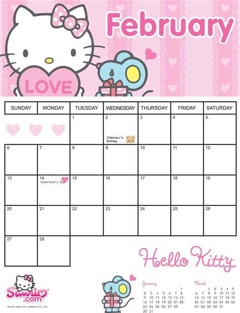 a calendar with hello kitty on it for the month of feb to feb, and an ...