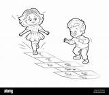 Coloring Book Girl And Boy Are Jumping While playing hopscotch Vector  sketch template