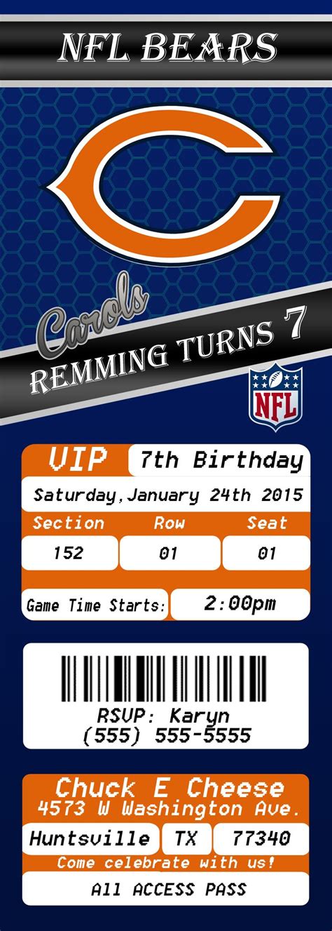 NFL Chicago Bears Ticket 2 Birthday Invitation Football Birthday Party ...