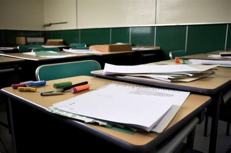 Premium Photo | Closeup of empty classroom desk with pens and papers waiting to be used created ...