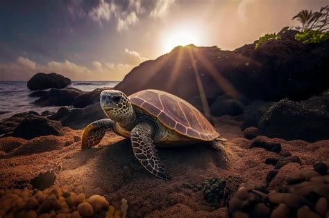 Premium Photo | A turtle on the beach at sunset