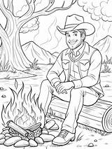 Cowboy Relaxing By Campfire Coloring Page For Kids  Premium AI sketch template