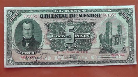 Billete Antiguo 5 Pesos Del Banco Oriental De Mexico 1914 - $ 230.00 en ...