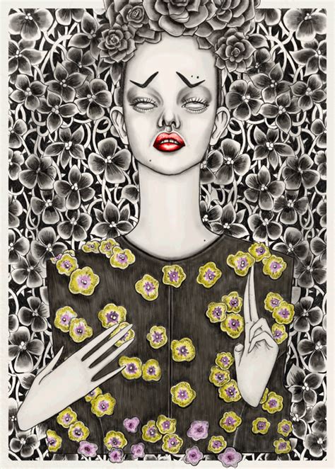 a drawing of a woman with flowers on her head and hands in front of her face