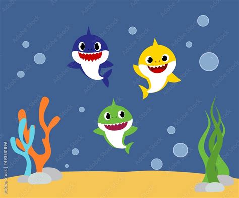 Shark cards. Birthday invite, happy child party in ocean style. Cartoon sharks characters. Stock ...