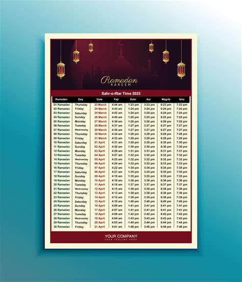 Print to Ready Ramadan Kareem Calendar Design 2023. Islamic Calendar Template with Sehri Iftar ...