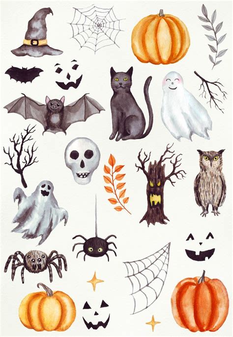 watercolor halloween stickers on white paper with pumpkins, bats and other decorations