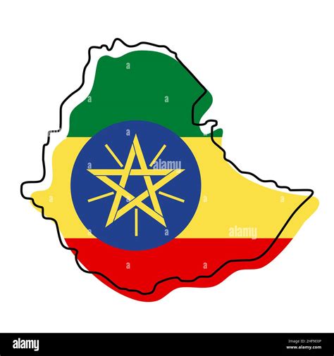 Stylized outline map of Ethiopia with national flag icon. Flag color ...