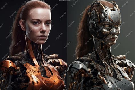 Premium Photo | A woman with a robot face and a woman with a face that says'robot