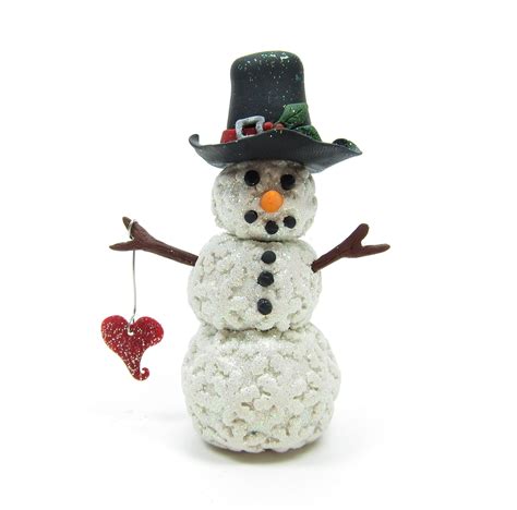 Snowman Miniature Figurine Polymer Clay Sculpture with Snowflakes | Brown Eyed Rose