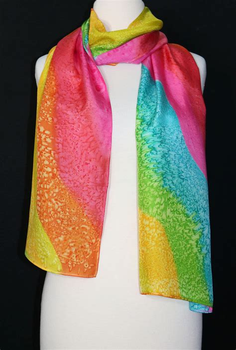 Red Silk Scarf Hand Painted Multicolored Handmade Silk Shawl RAINBOW ...