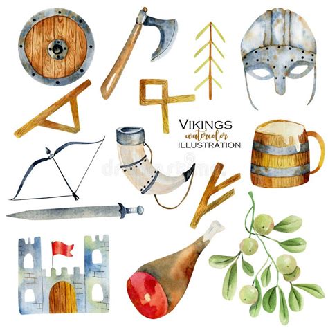 Watercolor Elements of Viking Culture Stock Illustration - Illustration ...