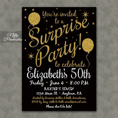 Gold Glitter Balloons Surprise Party Invitations - Nifty Printables