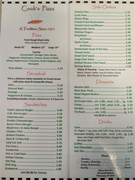 Menu for Cook's Pizza in Wakarusa, IN | Sirved