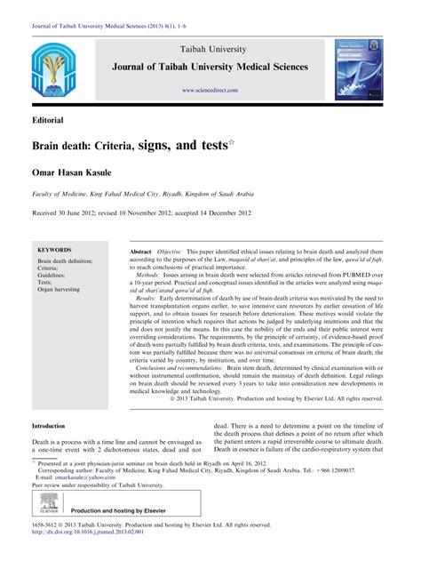 (PDF) Brain death: Criteria, signs, and tests