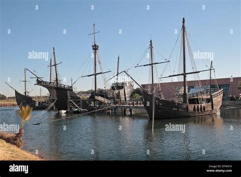 The Nina, Santa Maria and Pinta (r-l) replica ships in the Wharf of the Caravels, Huelva ...