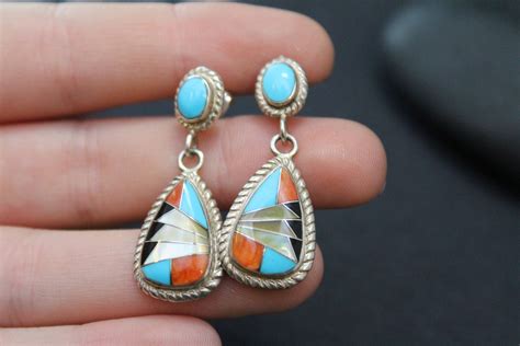 Sterling Silver Native American Inlay Dangle Earrings, Turquoise Inlay ...