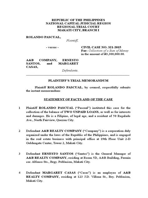 Trial Memorandum Plaintiff SAMPLE | Law Of Agency | Interest | Free 30 ...