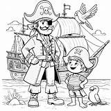 Pirate With Boy Standing In Front Of Ship Parrot 🏴‍☠️🦜 Coloring Page sketch template