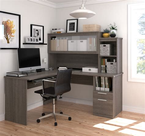 L-shaped Office Desk and Hutch with Frosted Glass Doors in Bark Gray – ComputerDesk.com