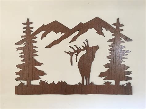 Elk metal wall art. Rustic animal artwork. Mountains Trees Forest. Hunting lodge decor