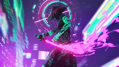 Neon Cyberpunk Samurai Warrior - 4K Ultra HD Wallpaper by Dmitry Mel